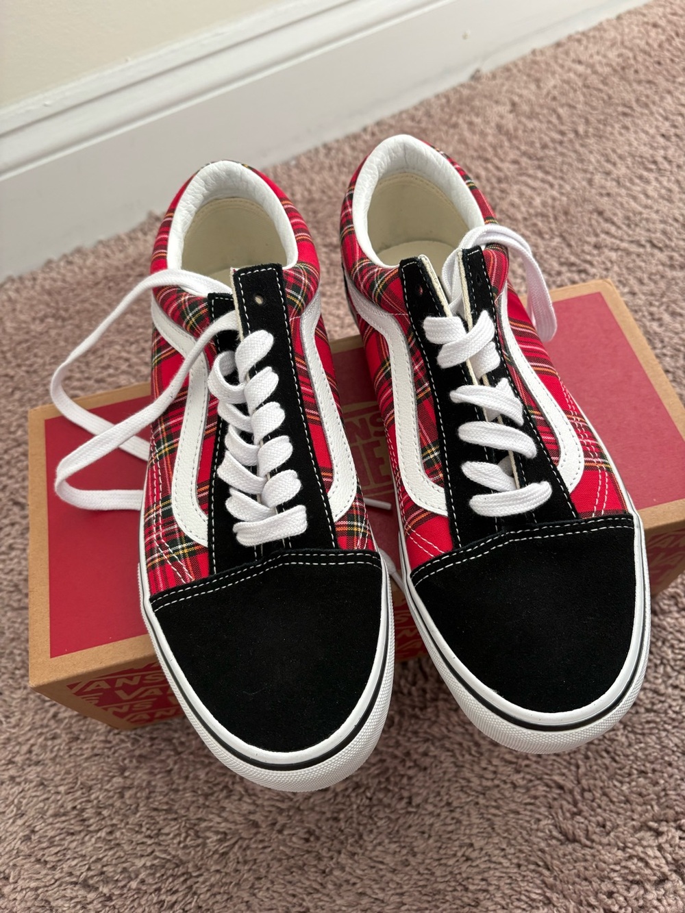 Vans Red Plaid Old Skool Sneakers with Black Toe